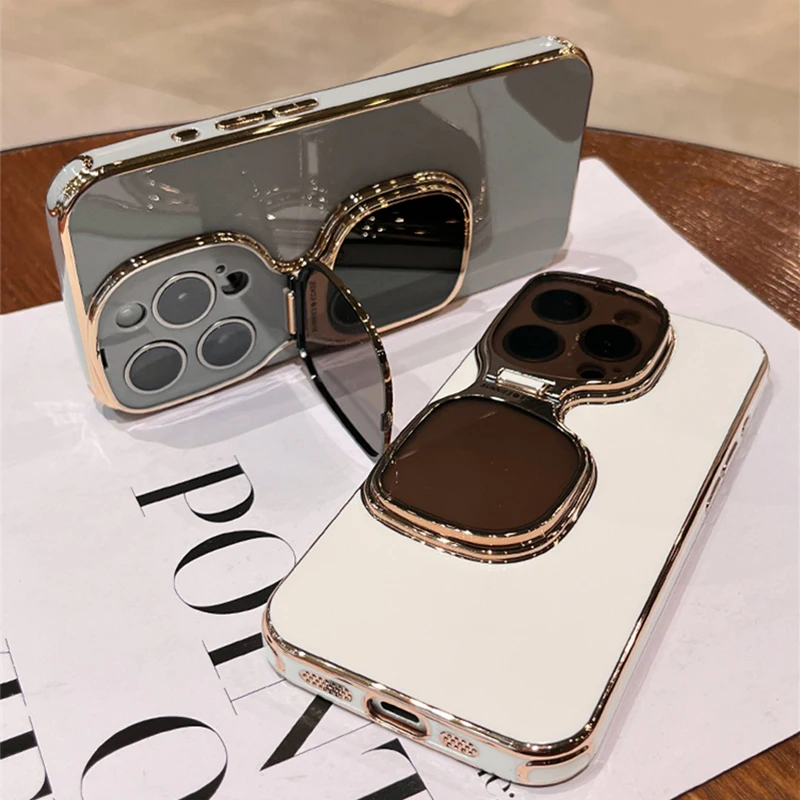 Plating Sunglasses Bracket Stand Case For iPhone 15 Pro Max 14 13 12 Silicone Shockproof Folding Camera Protection Holder Cover