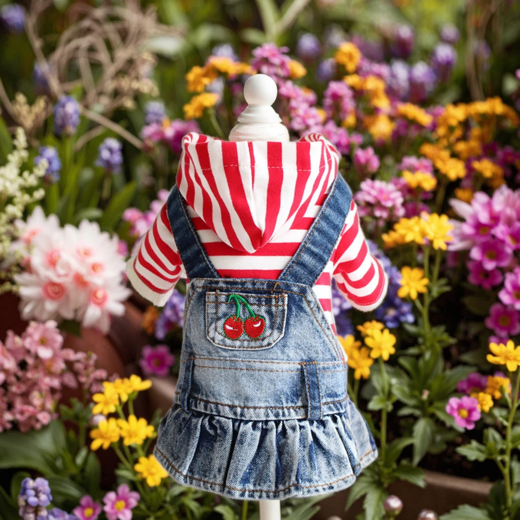 

Classic Cool Blue Denim Dog Jeans Dress for Small Medium Pets Lightweight Embroidery Cherry Pattern Summer Pet Clothes