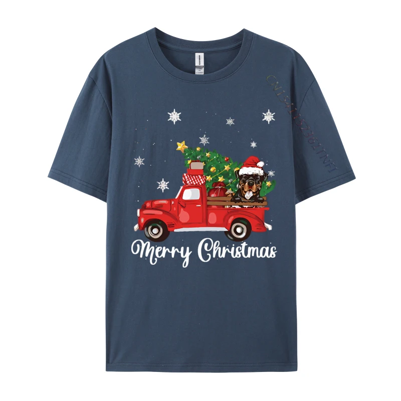 Rottweiler Dog Riding Red Truck Christmas T-shirt Novelty Tee Shirts Vintage Cotton Tops Tee Graphic T Shirts Men Cotton