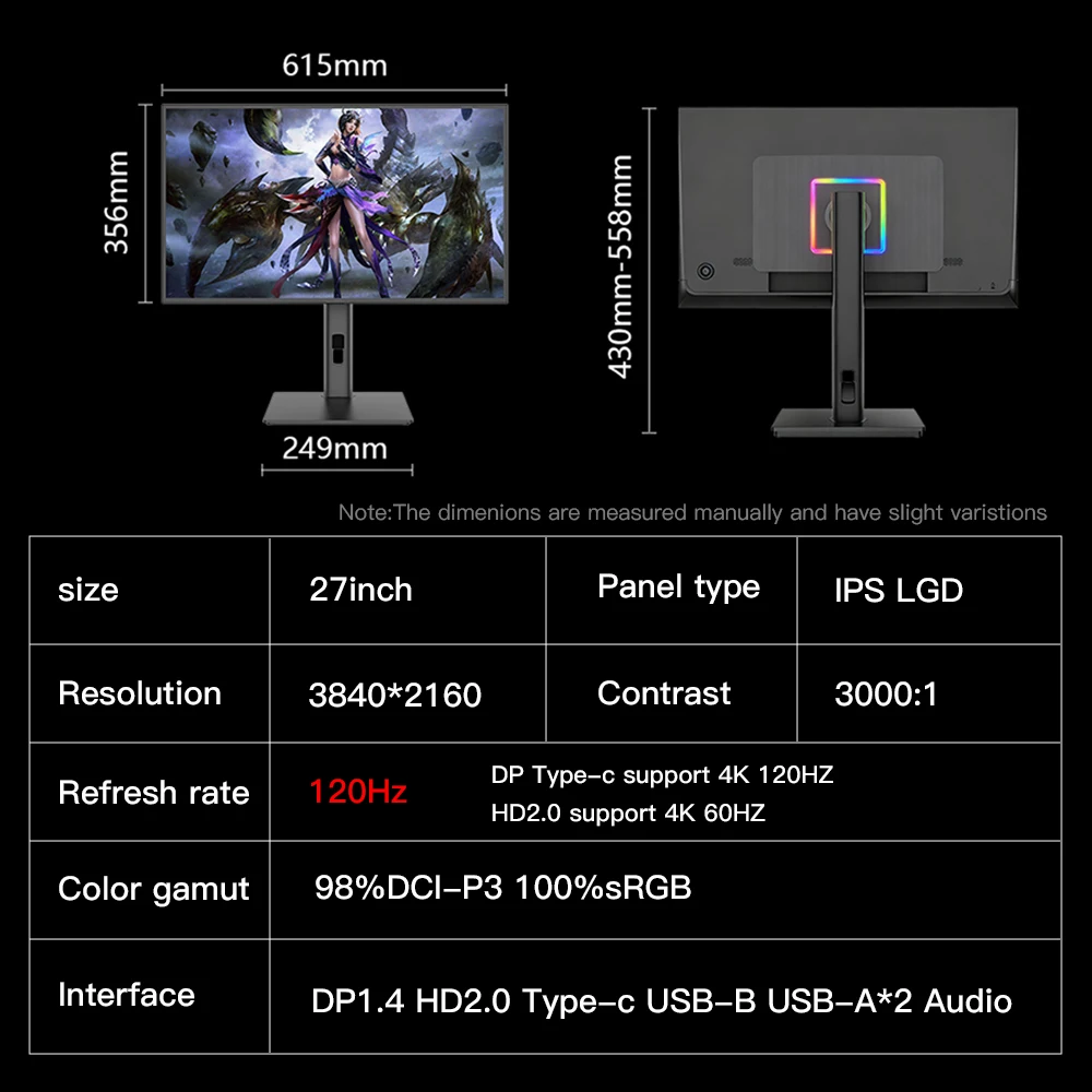 LED 27 Inch 16:9 IPS Four-Sided Narrow screen Edge 120Hz 4K HDR600 Gaming Monitor with 98% DCI-P3 Color 1ms display with type-c