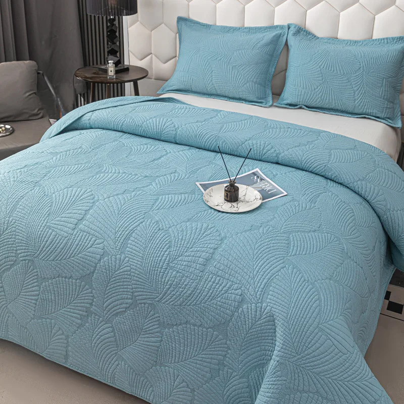 Simple Embroidered Quilt Set 3Pcs King Queen Size Solid Color 100% Cotton Bedspread & Coverlet, All Season Blanket for Bed Home
