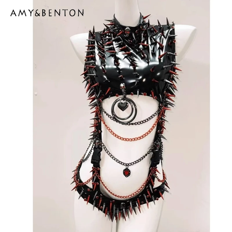 

Оригинальный дизайн, горячая девушка, сладкий крутой европейско-американский панк, женский жилет, готический темный Y2K с заклепками и цепочкой, сексуальный комбинезон, жилет, женский