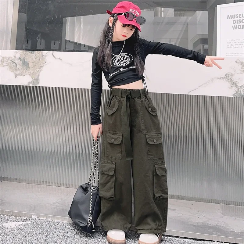 Teen Girls Cargo Pants Loose Casual Fashion Children Trousers Pockets Design Trendy Cool Streetwear Kids Pants 6 8 10 12 14 Year