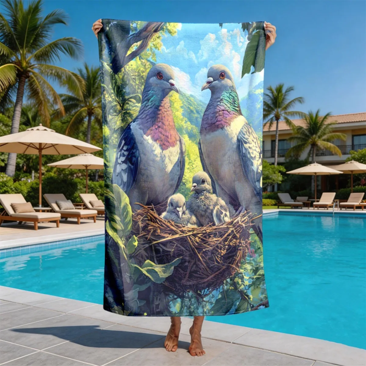 

Пляжное полотенце из полиэфирной микрофибры с рисунком семьи голубей в акварельном стиле, очень хорошо впитывает влагу, подходит для плавания и пляжного отдыха.