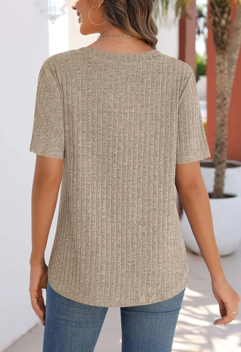 2025 Spring/Summer V-neck brushed texture ribbed solid color short-sleeved T-shirt for women