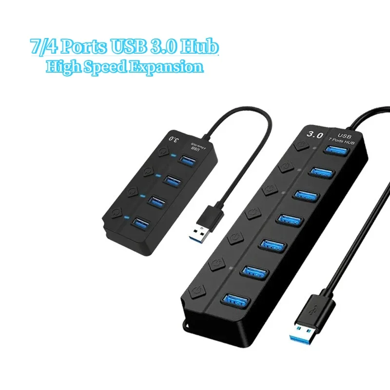 USB3.0 Multiport Hub 4/7 Port Optional LED Indicator Individual Switch Control for Laptop Printer Keyboard Hard Disk