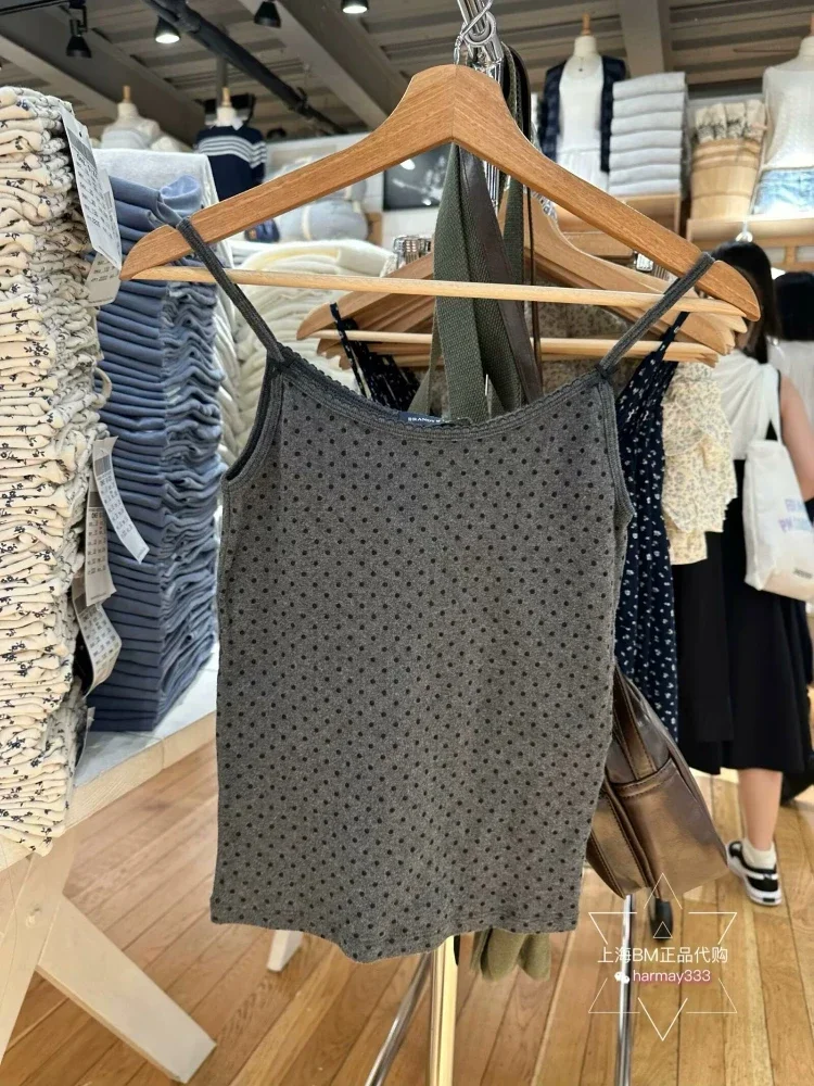 Streetwear เสื้อหวานผู้หญิงฤดูร้อนสายคล้องคอ Casual Vintage แขนกุดผ้าฝ้าย Camisole Dot Lace Trim Slim Tank Y2k Crop Top ใหม่