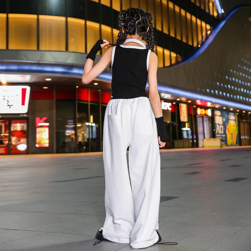 Traje de dança de rua Hip Hop para meninas, colete preto, calça branca solta, adolescentes, roupas de performance, terno da moda