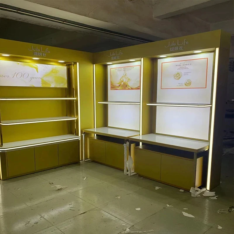 custom.High End Glass/Plywood Makeup Stand Mobile Shop & Retail Display Customizable Color/Size ODM OEM Service 1 Year Warra