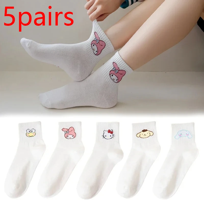 

5Pairs Sanrio Hello Kitty Socks Women Summer Sports Casual Socks Fall Breathable Cartoon Cotton Sock Adult Kawaii Mid Tube Sock