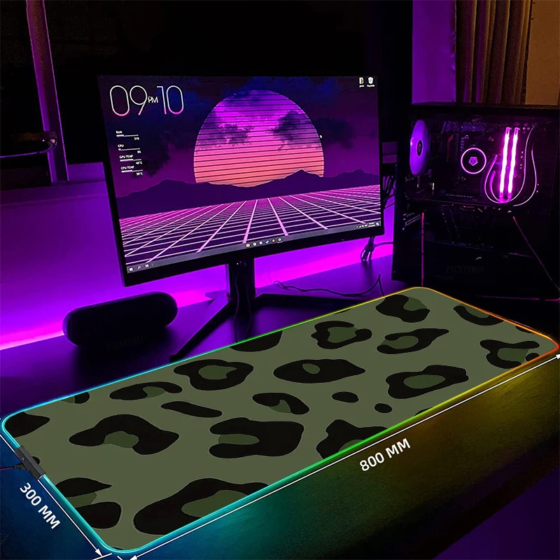 Leopard Print Backlight Gaming Mousepad Desk Rug RGB Gamer Mousepads Mouse Pad LED Non-Slip Rubber Mouse Mats Keyboard Mat