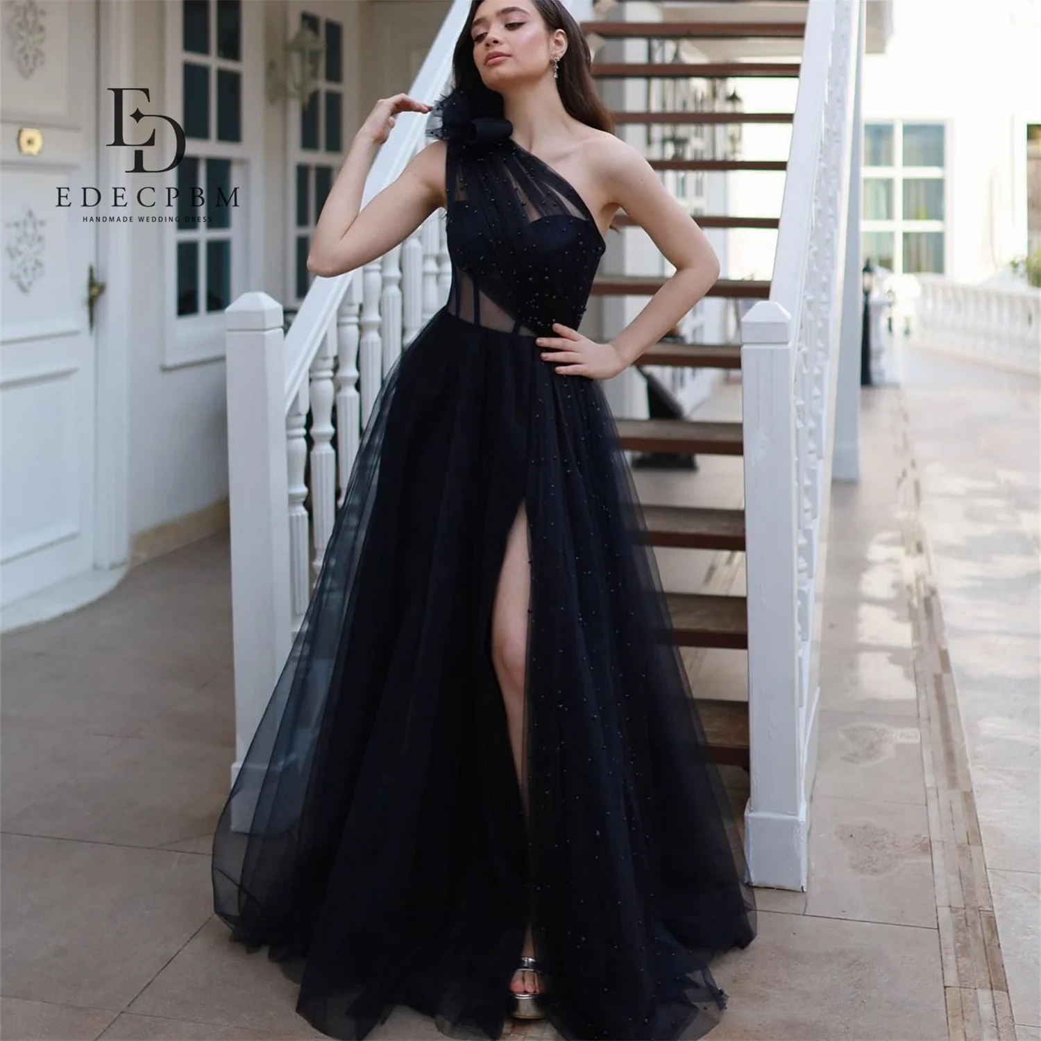 

EDECPBM One Shoulder Luxurious Women's Evening Dresses 2025 Luxury Vestidos De Festa فساتين سهرة Navy Blue Customized Beads Prom