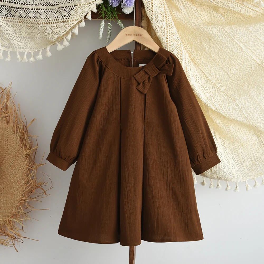 Korean Version Children's Clothes Fashion Autumn New Retro Coffee Color Bow Decoration Long Sleeved Dress Girl's Dresses