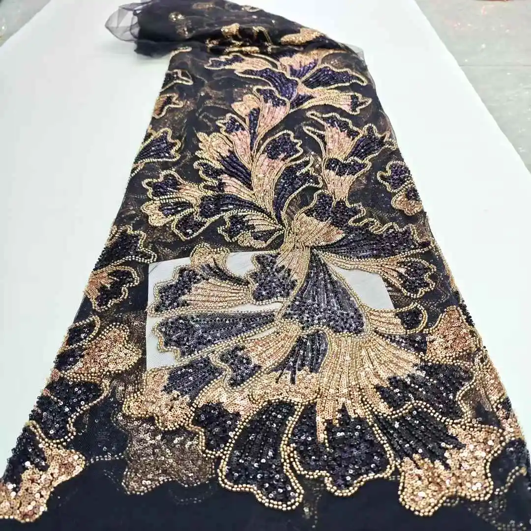 

African Sequins Beaded Groom Lace Fabric High Quality French Tulle Lace Fabric Sew 2025 Embroidery Nigerian Lace Fabrics