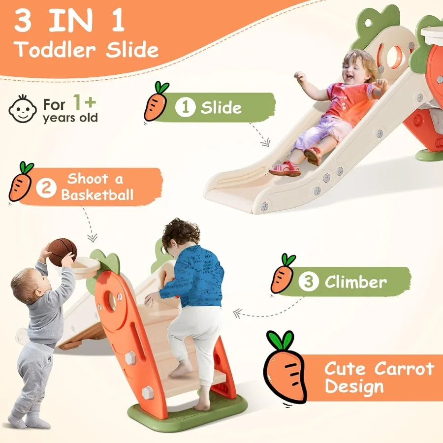 BIERUM Toddler Slide 3 in 1 Indoor Foldable Slide for Toddlers Age 1-2 Carrot Theme Freestanding Slide Baby Play Slide Indoor a