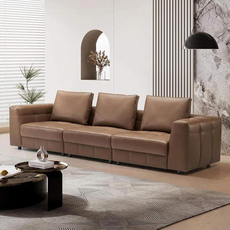 Italian-style luxury three-seater multi-person sofa, living room modern large flat genuine leather sofa