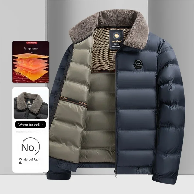 Men's Cotton Jacket 2024 New Five-Proof Technology Graphene Inside And Outside Color Matching Lapel Warm Fur Collar Jack