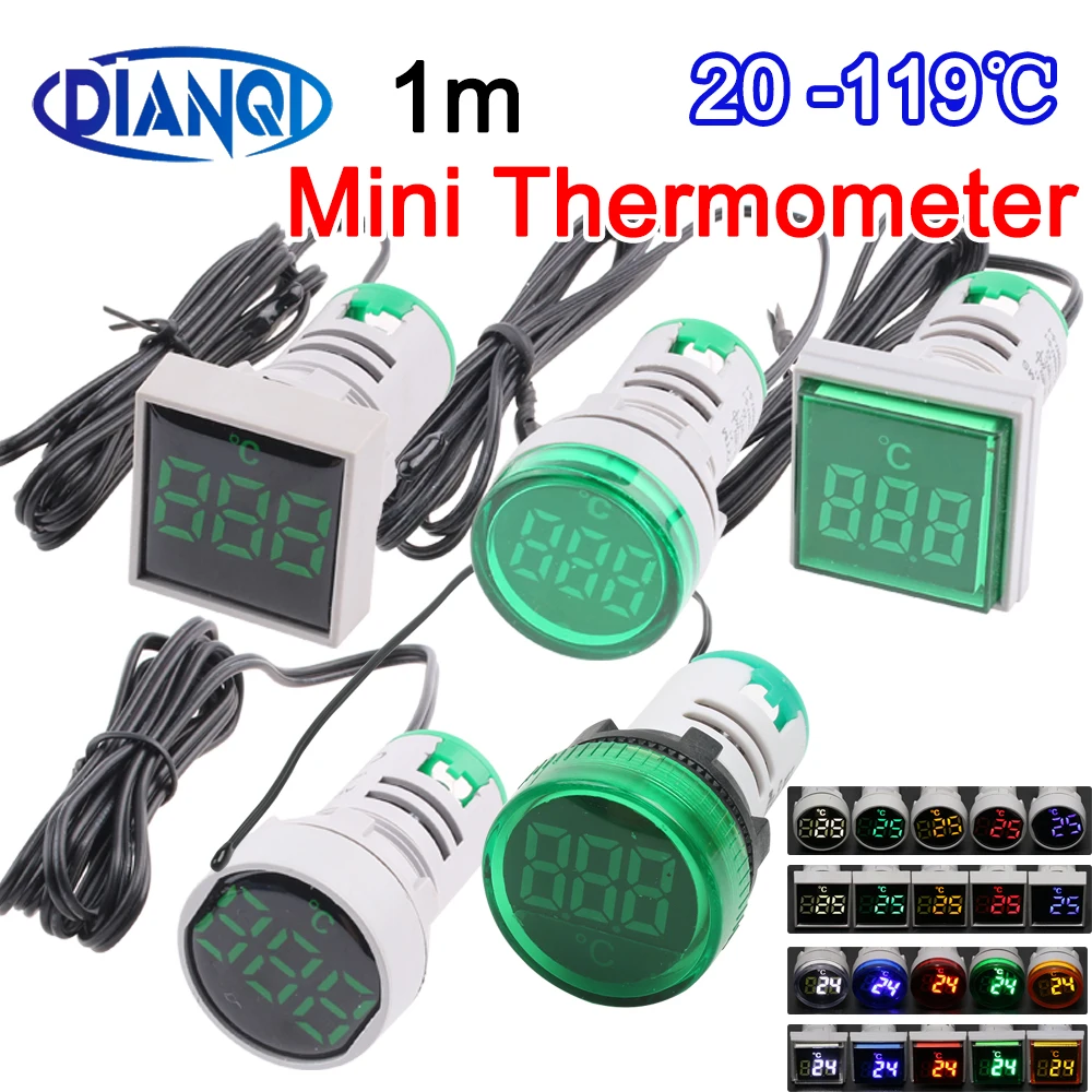 

22mm Mini thermometer plastic LED digital 20-119 Celsius 50-380V AC Blue Red White Yellow Green pilot light temperature meter