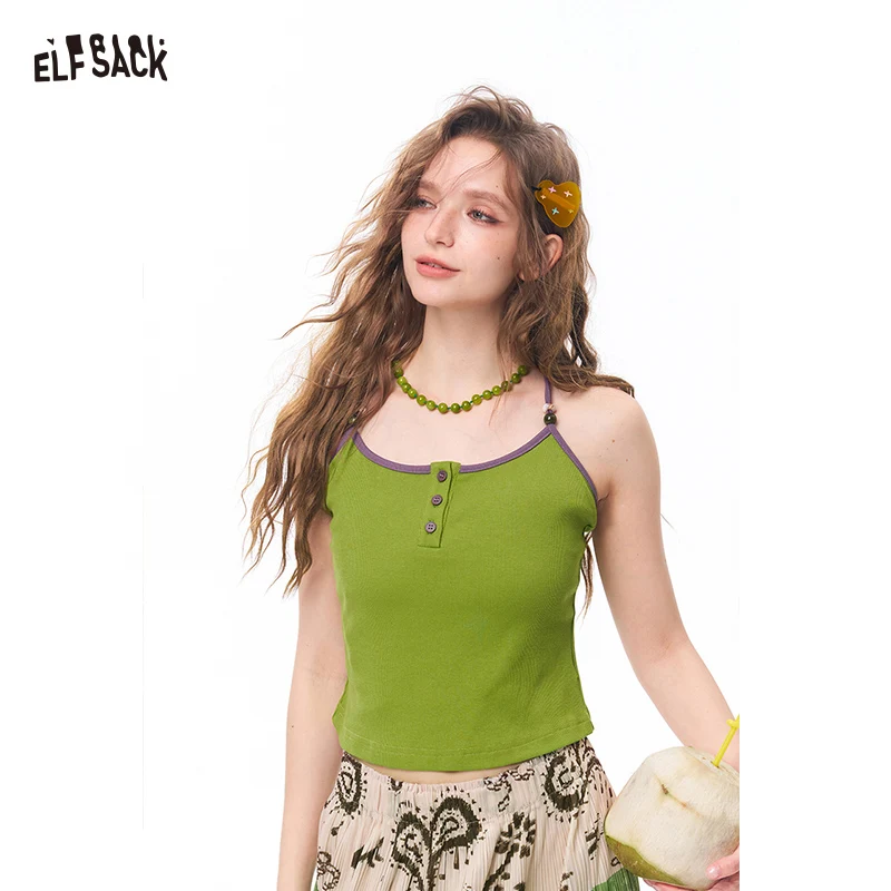 ELFSACK Women's Contrast Trim Spaghetti Strap Cami Top with Color Buttons, Square Neck Slim Ribbed Tank for Daily