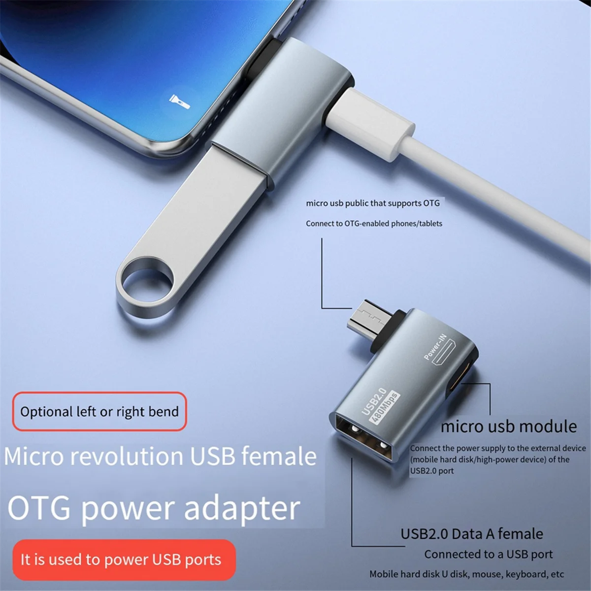 4K OTG Cable Adapter Power Supplied Micro-USB to USB with Angle Design. Suitable for Tablet, TV(Left)