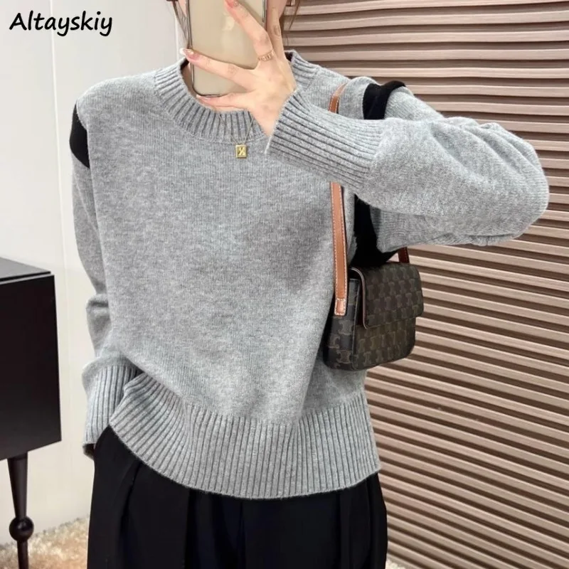 Minimalist Pullovers for Women Long Sleeve Knitted O-neck All-match Casual Warm Soft Autumn Winter Patchwork Chic New Prevalent