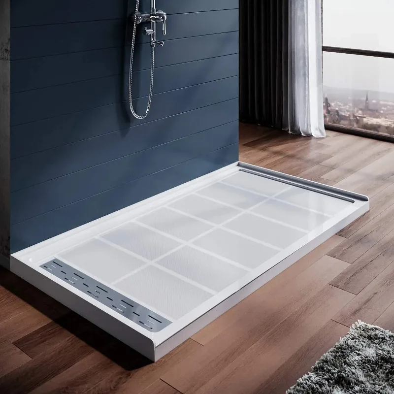 

60'' L x 32'' W x 4'' H Shower Base with 304 Left Trench Stainless Steel Drain Solid Surface Shower Pan White, Customized