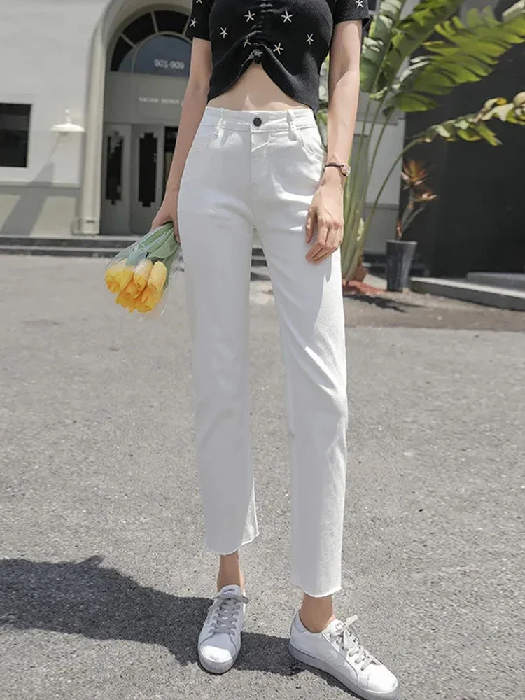 Wome Jeans Solid White Casual High Waist Street Wear Ankle Length Straight Leg Summer Denim Pants For Ladies 2024 Pocket Zipper