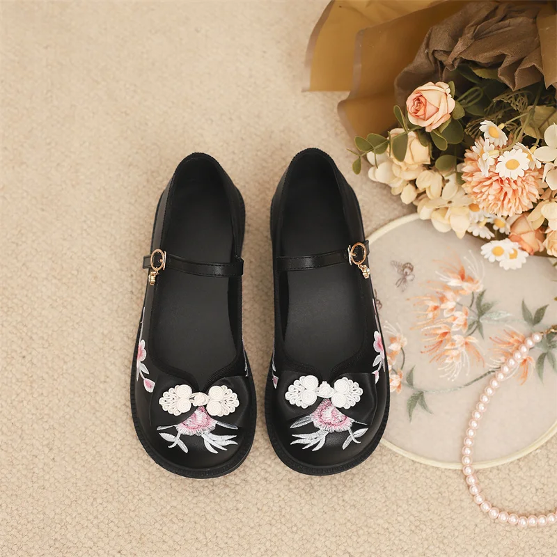 YQBTDL 28-39 الأميرة التطريز ماري جين أحذية القوس الخريف شقة Zapatos عادية لينة أسفل المضادة للانزلاق الأسود الفتيات مضخات الوردي #5