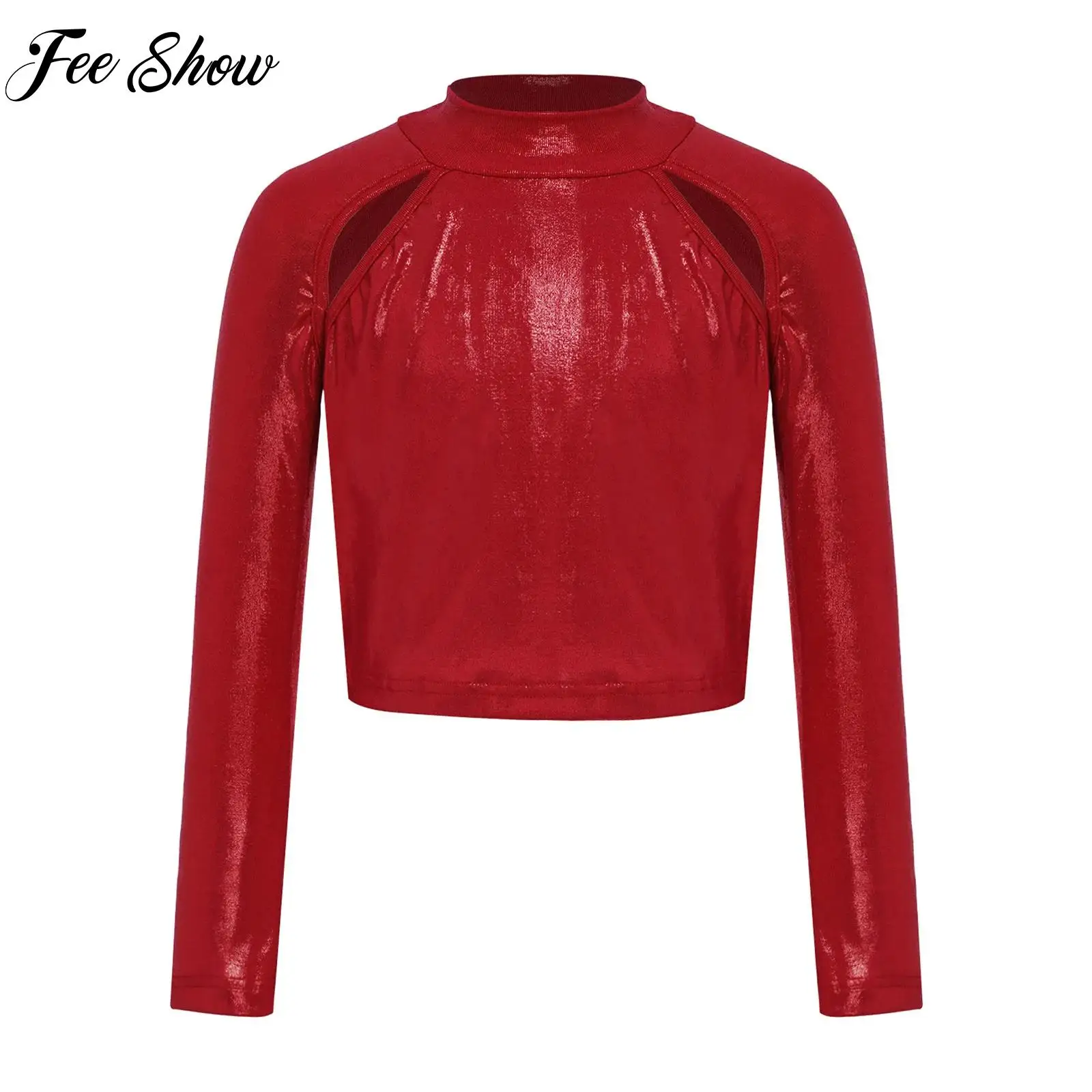 

Long Sleeve Hip-Hop Tops for Girls Jazz Dance Performance Stage Show Costume Keyhole Front Shiny Crop Top Musical Party Clubwear