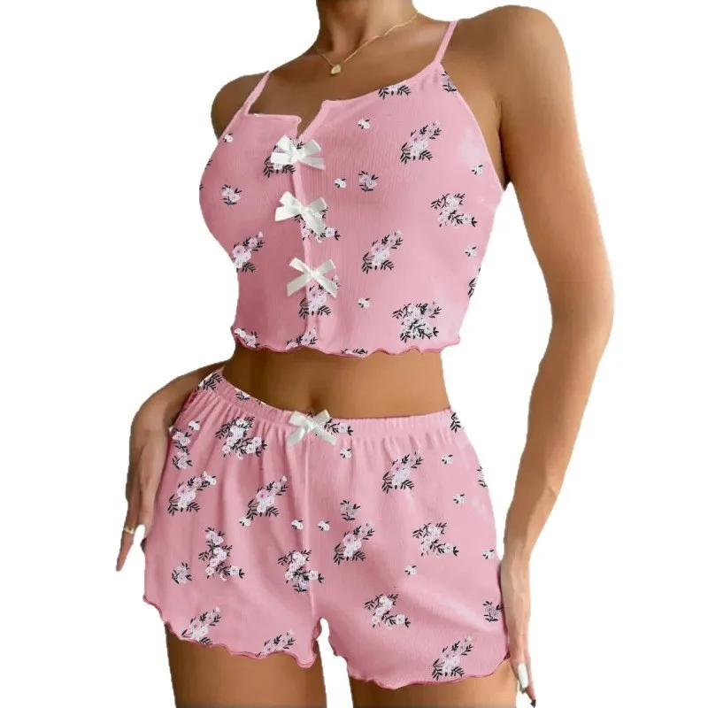 ملابس نوم صيفية مثيرة للنساء طقم بيجامة مطبوع عليه زهور على شكل حرف V شورت كامي علوي مزين بالخس ملابس داخلية مثيرة ملابس للاستلقاء