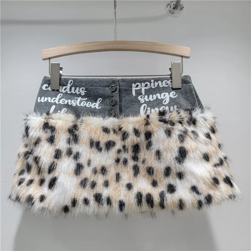 Sexy Leopard Print Fuzzy Patchwork Low-Waist Mini Skirt 2025 New Autumn Winter Hot Girl Hip Letter Skirts Y2K