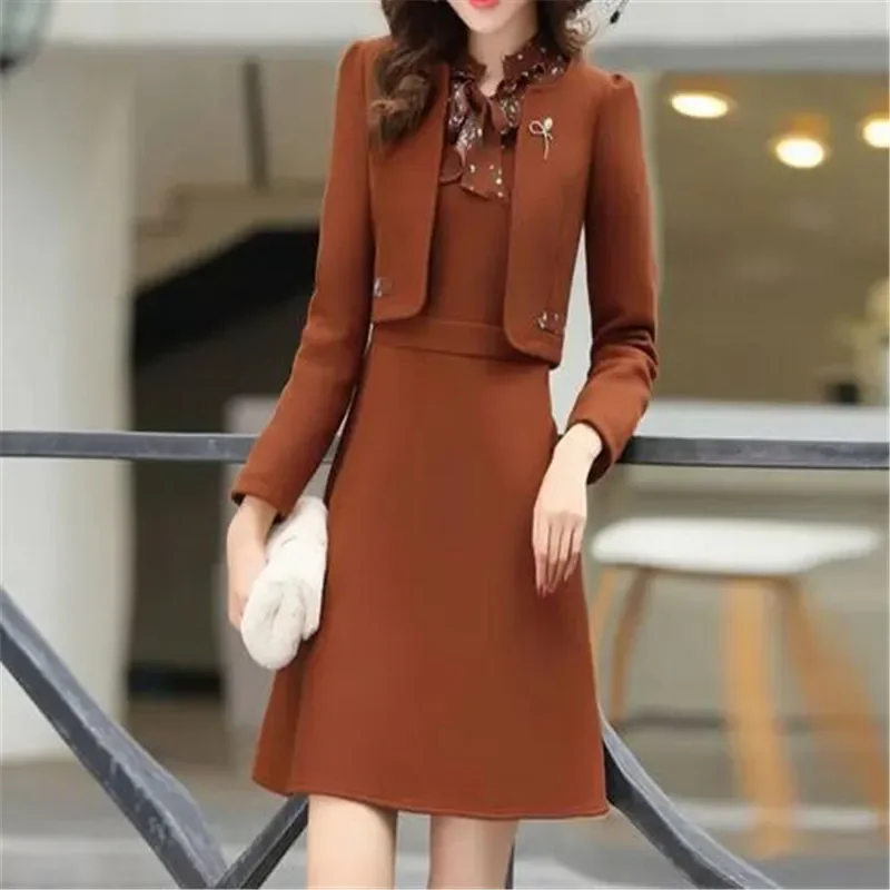 2024 Elegant Women Sets Patchwork Floral Woolen Mini Dress Long Sleeve Cropped Jacket Office Wear Chic Set Woman 2 Pieces J3111