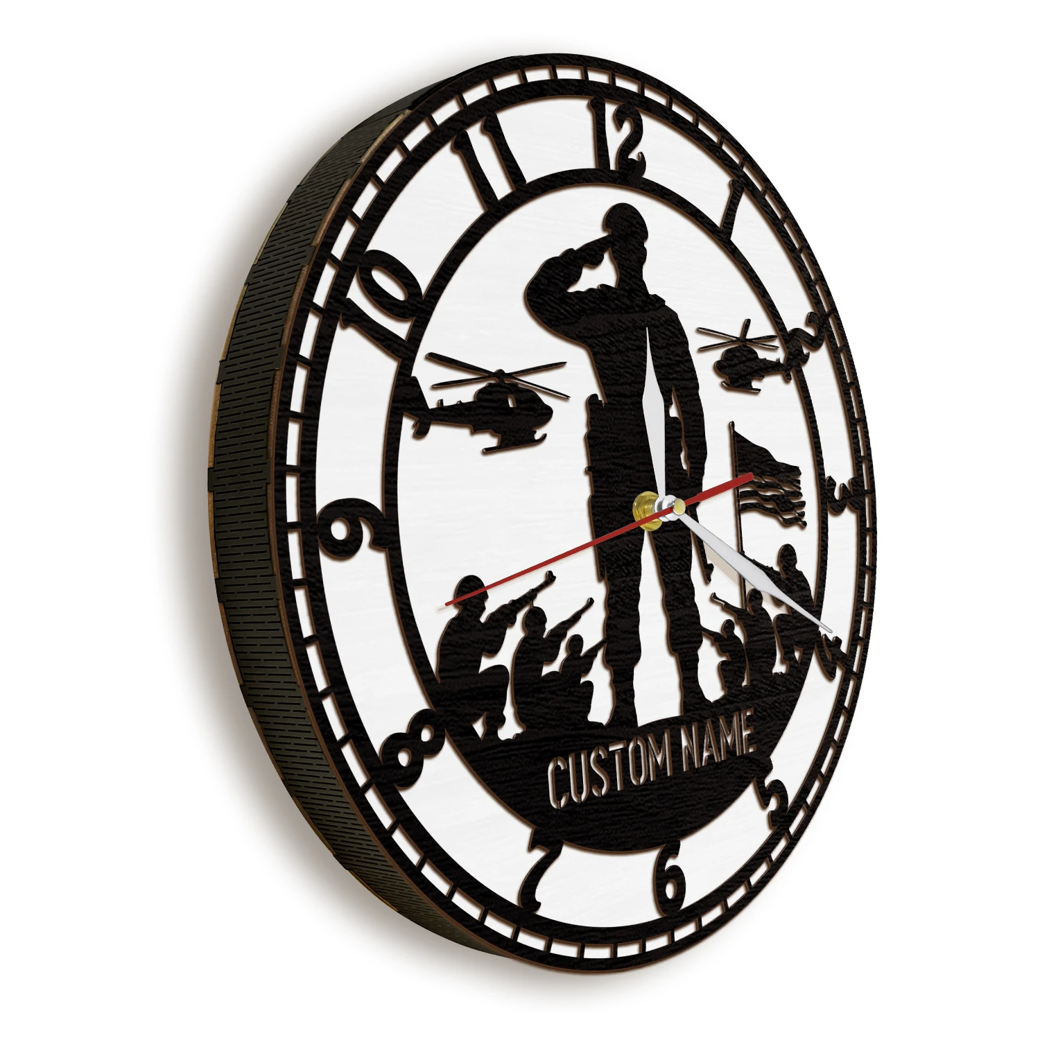 Custom Name Military Soldier LED Light Wall Clock Personalized Veteran Salute Troops Helicopter Glowing Shadow Wooden Wall Clock
