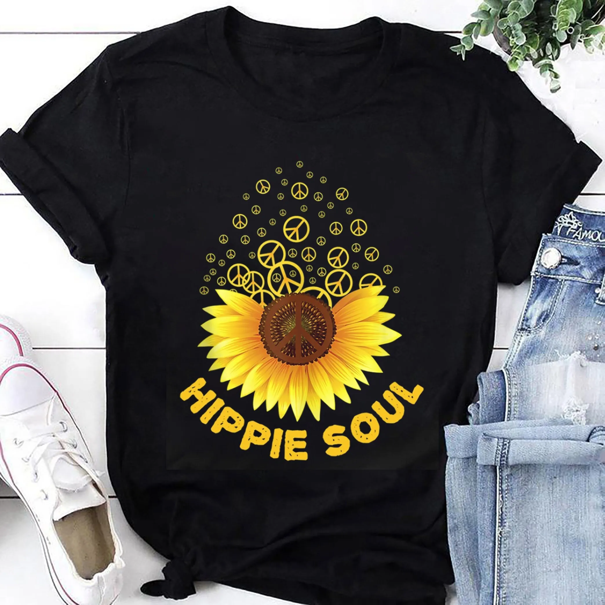 Sunflower Hippie Soul T Shirt Sign Women Boho Style Fan 70s Vintage