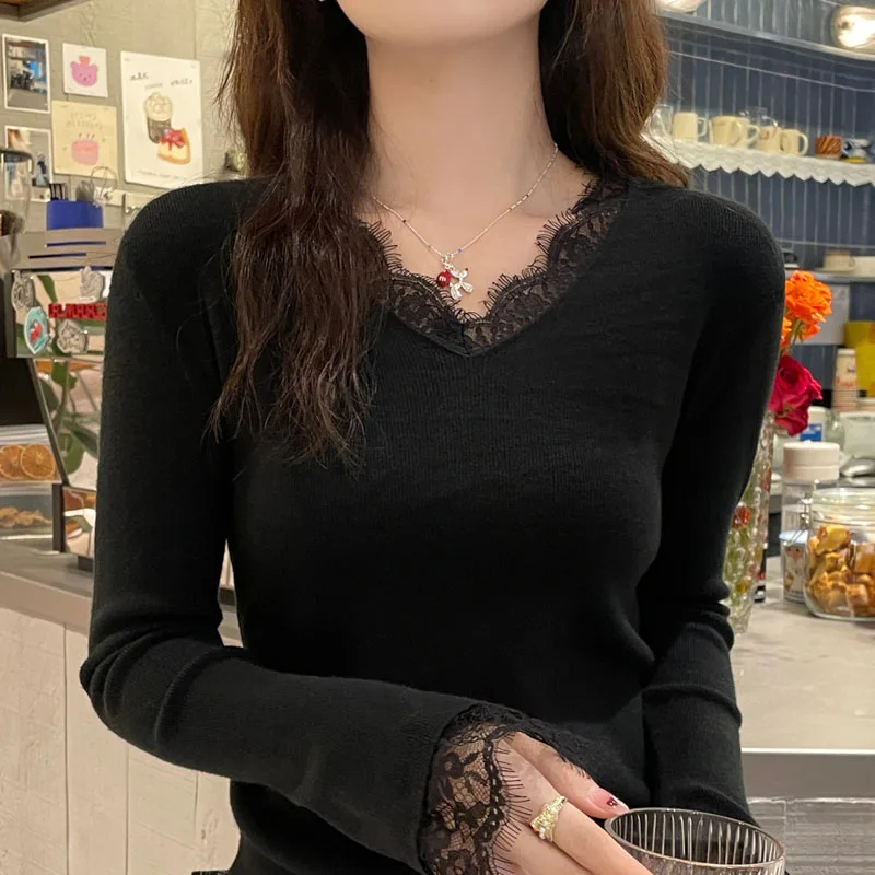 Knitted Sweater Women Pullovers New Long Sleeve V-Neck Black Lace Knit Sweater Pullover Women Tops Sweaters Women Clothing Q2078