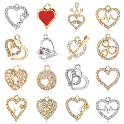 5Pcs/Lot Zinc Alloy Rhinestone Heart Love Charms Crown Rose Lock Cross Round Circle Bracelet Necklace Pendant For Woman Jewelry