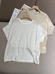 Round neck linen knitted loose short sleeved t-shirt