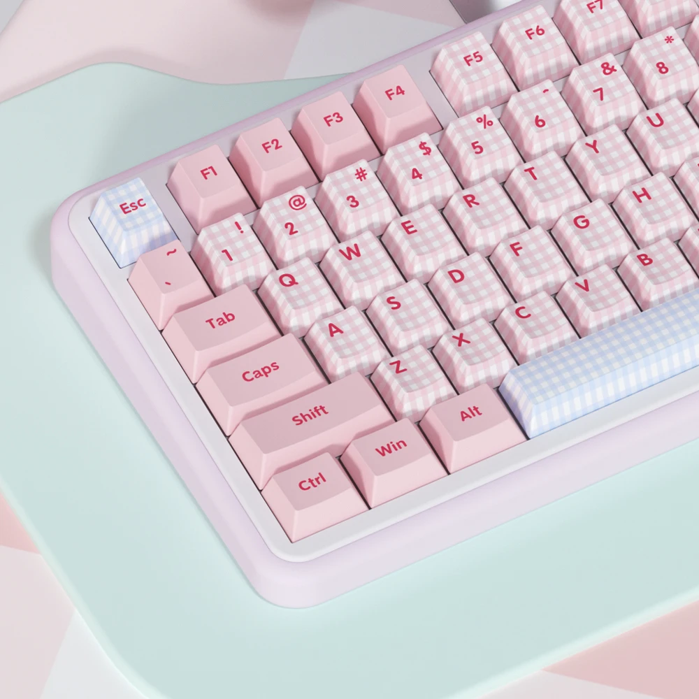 138 Keys Pink Blue Plaid Theme Keycap Set Cherry Profile PBT Checkered Japanese Keycaps for 68/75/87/98/99 Mechanical Keyboard