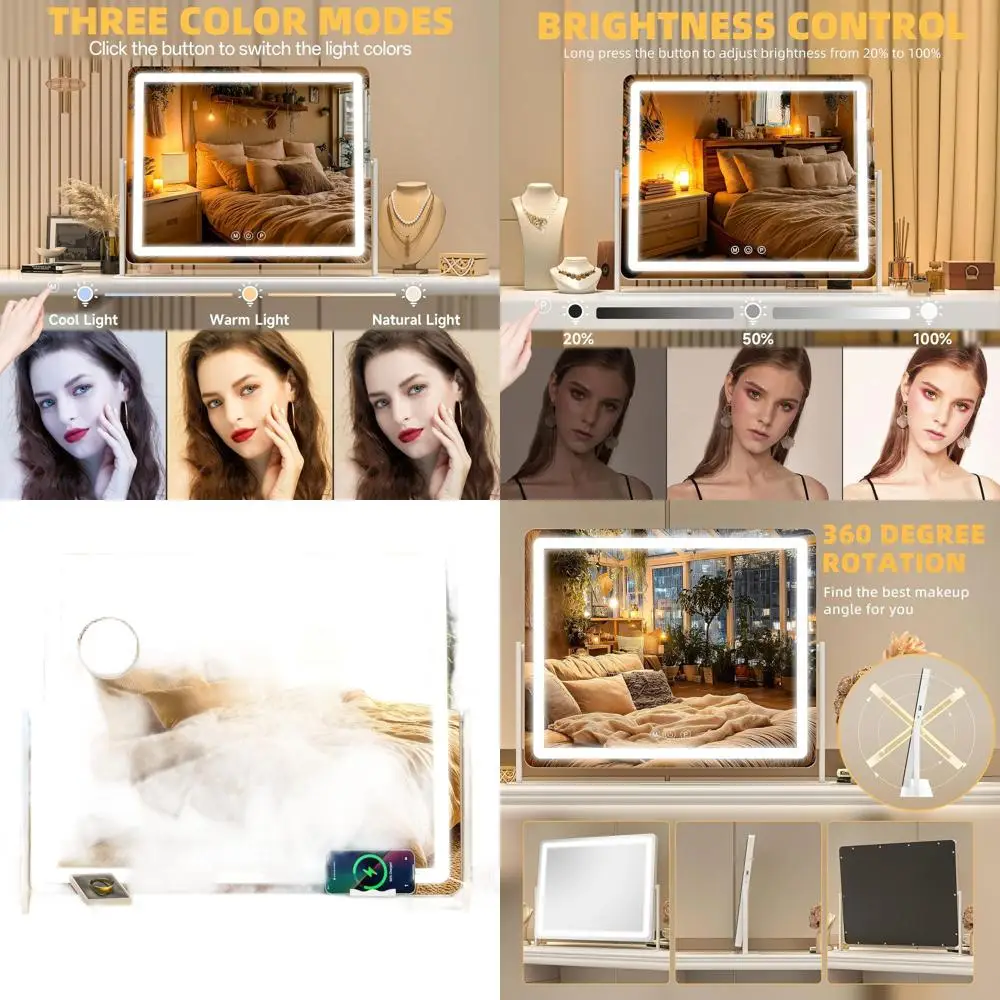 25.6 x 22cm LEDライト付きメイクアップミラー、3色オプションのタッチスクリーン、化粧台用調光機能付き