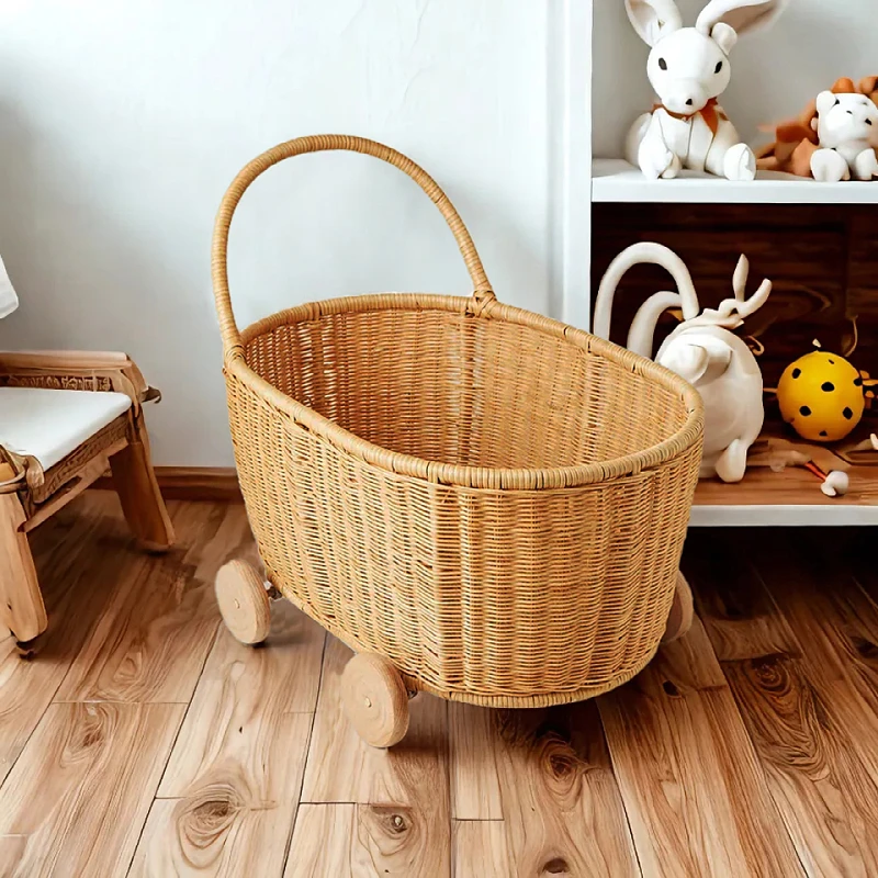 

Винтажная маленькая тележка из ротанга, стильная корзина для хранения, ручная работа, домашняя корзина для цветов для спальни, реквизит для фотосессии