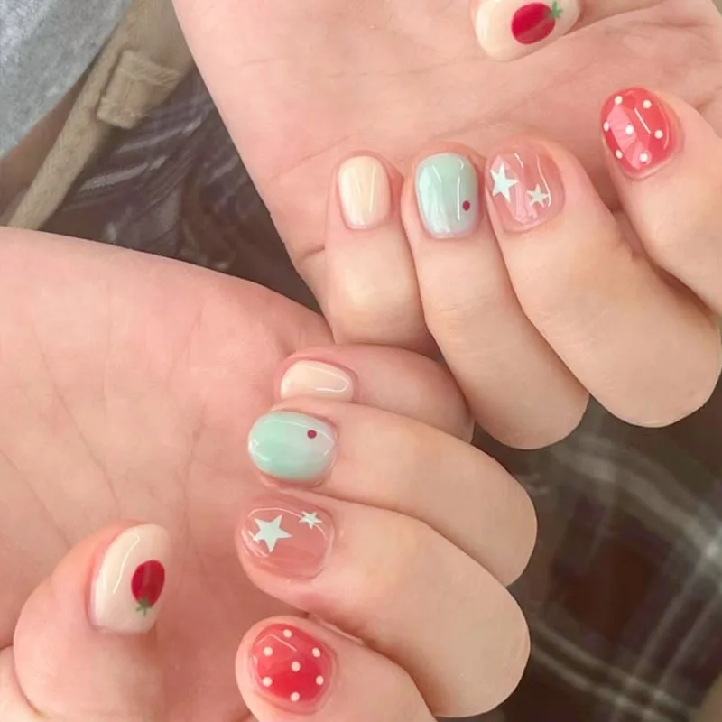 

30PCS Fake Nails Cute Cartoon Niche Design for Fall/Winter Short Bean-Shaped Press-On Nails Perfect Gifts for Girls and Friends