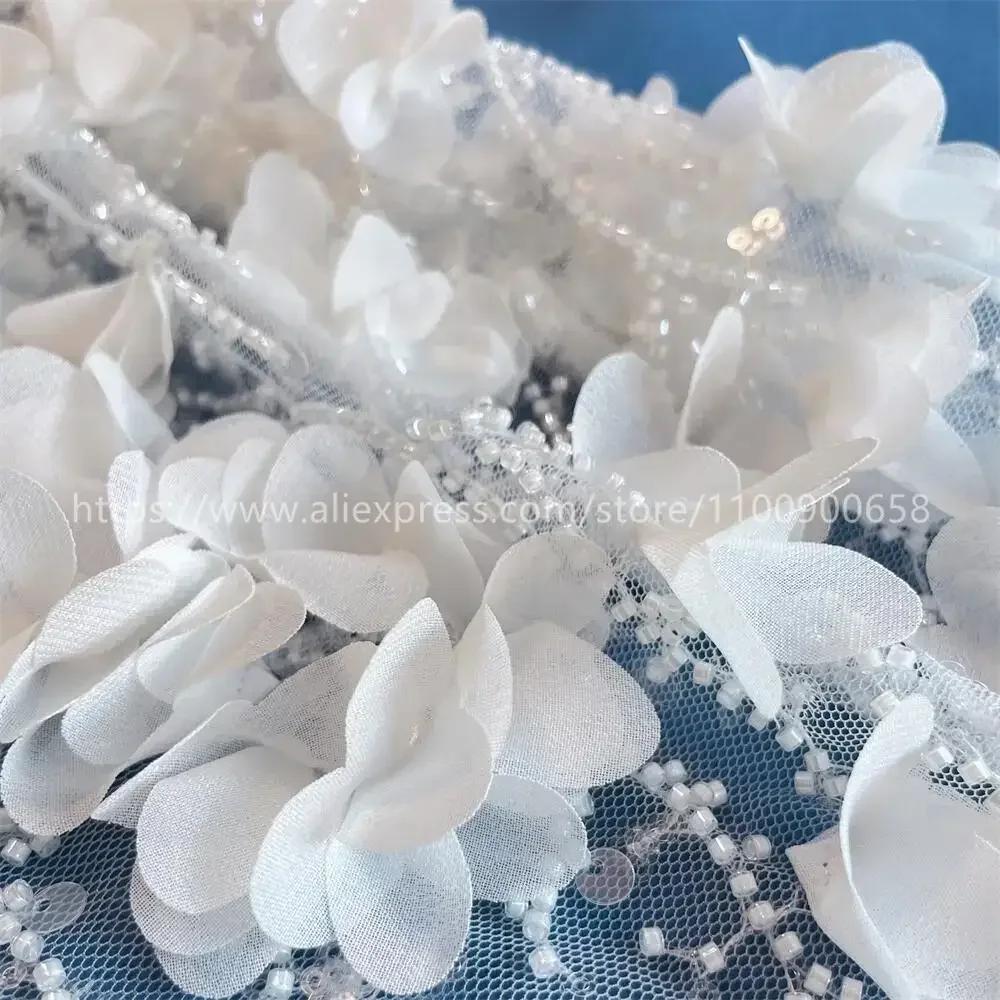 3D Beaded Embroidery Lace Fabric, Laser Chiffon Flowers Applique, Sewing Fabric for Wedding Dresses, Off White, High Quality