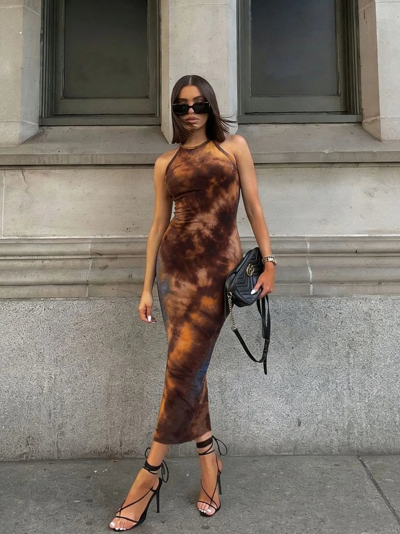 Beach Vacation Dress Women See Through Flower Print Halter Backless Bandage Sleeveless Party Clubs Stretch Bodycon Women's Dress