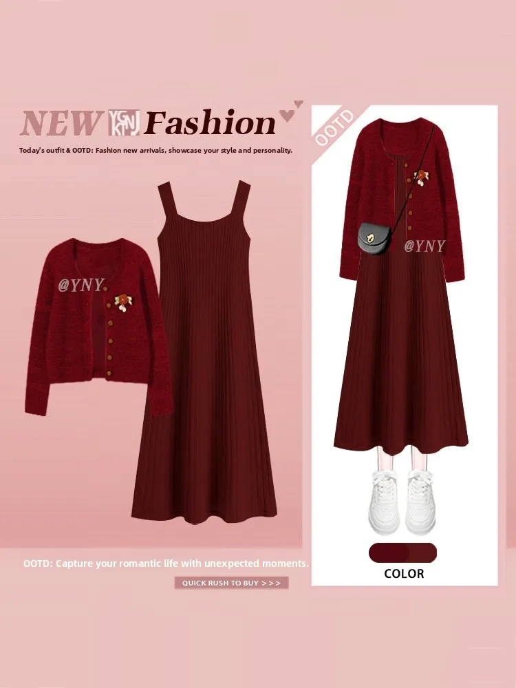 New Year's Aosphere Women's Knitted Sweater Dr Two-Piece Set Floral Decoration Long Sve V-Ne High Waist Midi Skirt