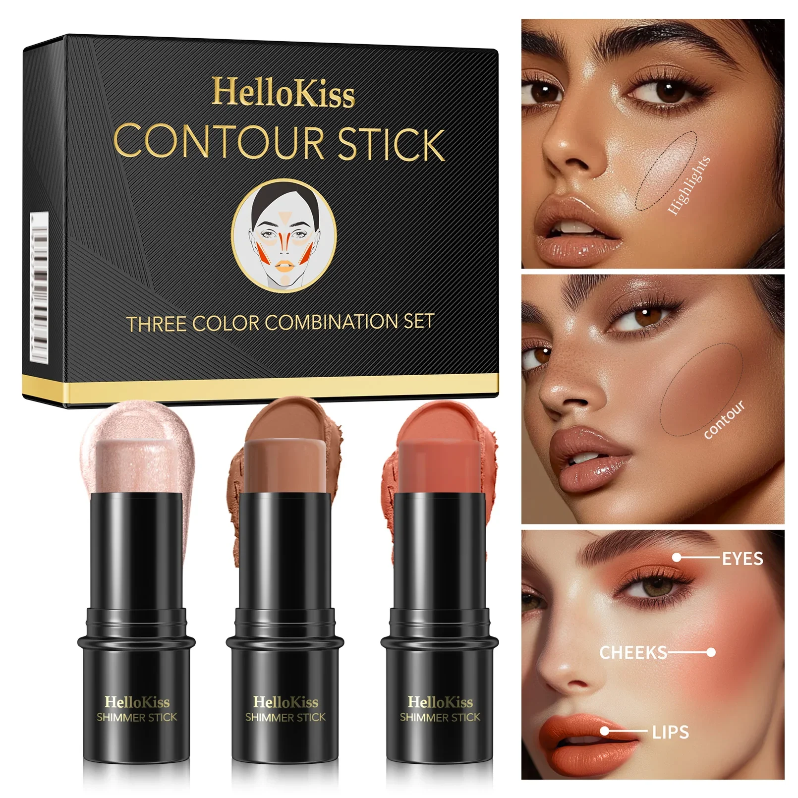 Waterproof Concealer Stick 3Pcs Multifunctional Cream Highlighter Contour Blush Oil Control Makeup Set Cosmetics