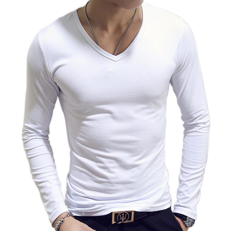 Biały jednolity kolor w stylu Basic Slim Men T-shirt wiosna jesień długa koszula mężczyźni wokół szyi dekolt w serek Casual bluzki z długim rękawem