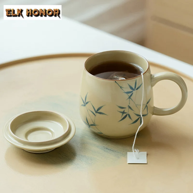 260ml Vintage Beeswax Yellow Office Cup Handpainted Green Bamboo Tea Cup Boutique Coffee Cup Mug with Lid Tea Soaking Cafes Gift