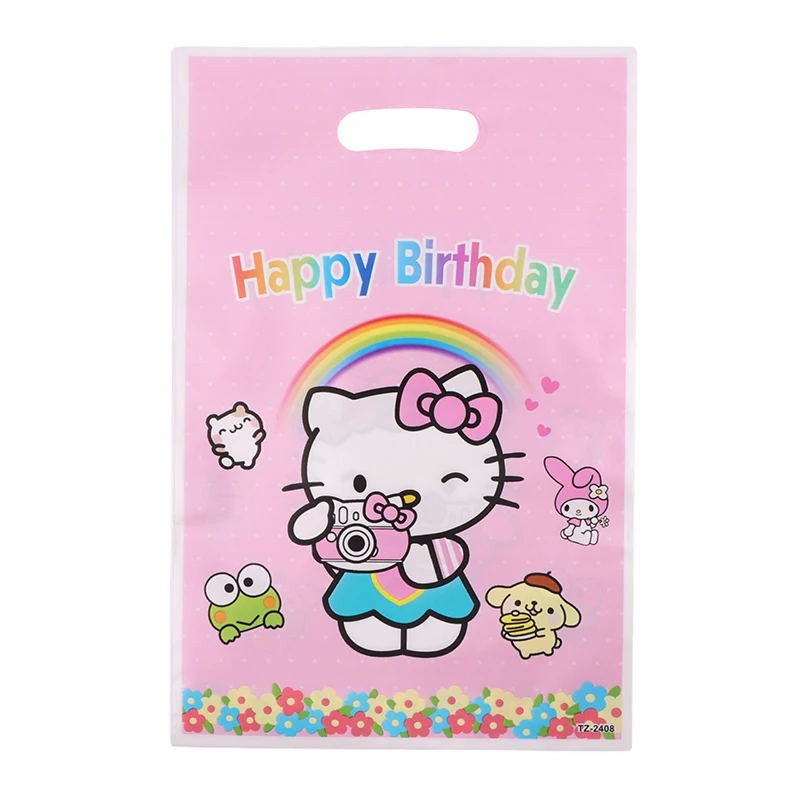 Sacs cadeaux en plastique Hello Kitty pour filles, décoration de fête d'anniversaire, boîte à bonbons, KT Cat Pearl Film, PE Bag, fournitures de fête, décor, 10 pièces