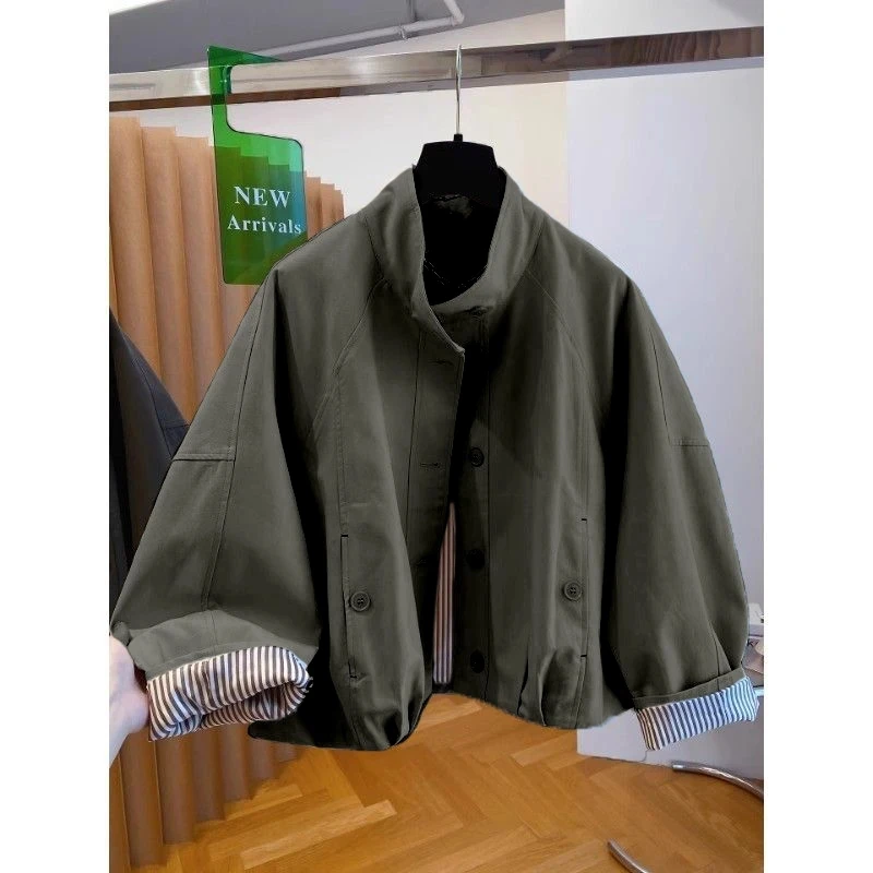 

Women Short Trench Coats Striped Lining Loose Windbreaker Jackets Single Breasted Stand Collar Casual Tops Spring Autumn New