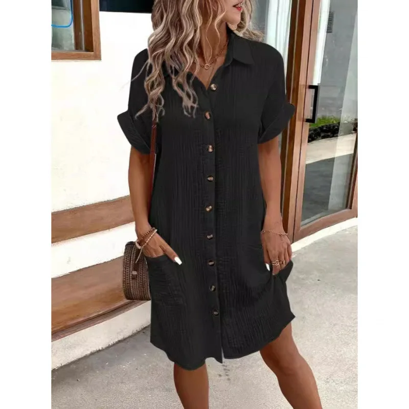 2025 Fashion Spring/Summer Minimalist V-neck Button Dress Elegant Women's Yellow Short Sleeved Flip Collar Pocket Shirt Dress